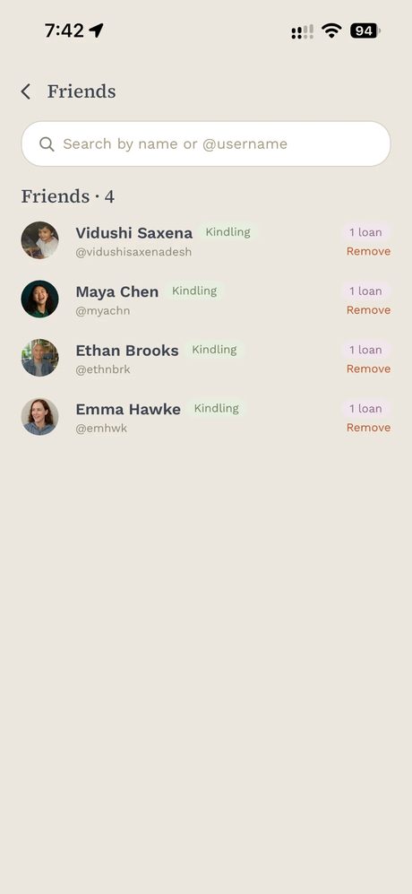 Snug friends list showing Keeper levels and active loans